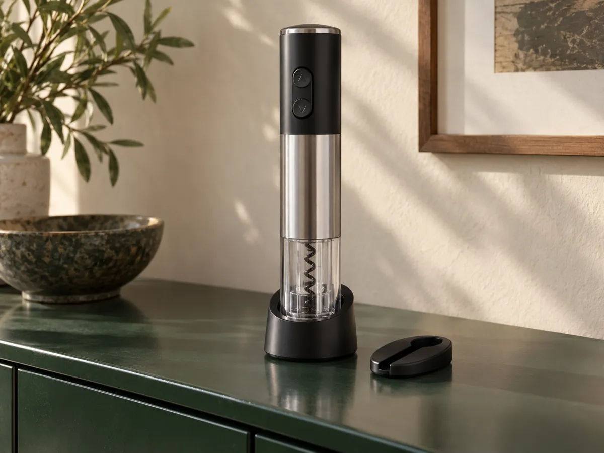 A silver electric corkscrew in a black stand, with a transparent lower section and separate foil cutter on a green sideboard.