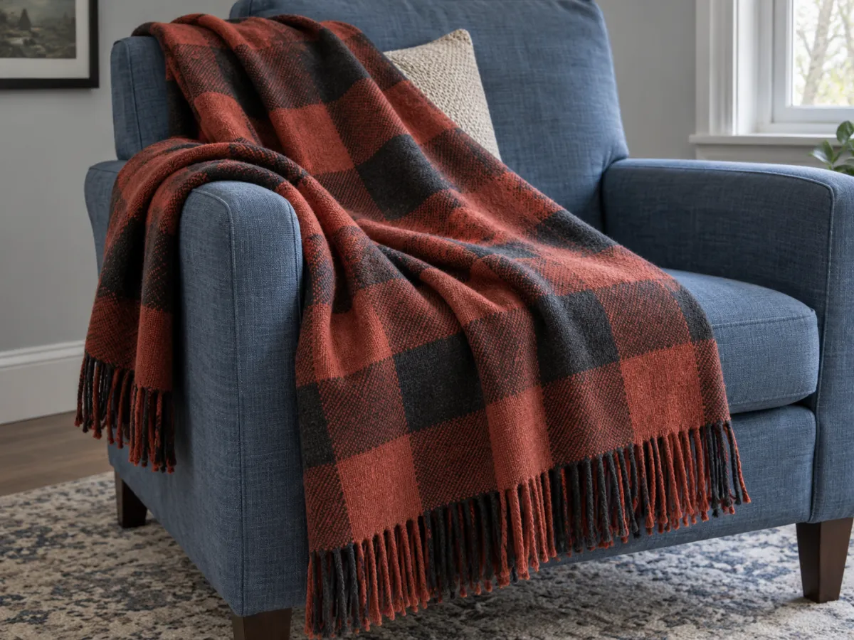 A rust and charcoal checked throw with fringe draped over a blue upholstered armchair.