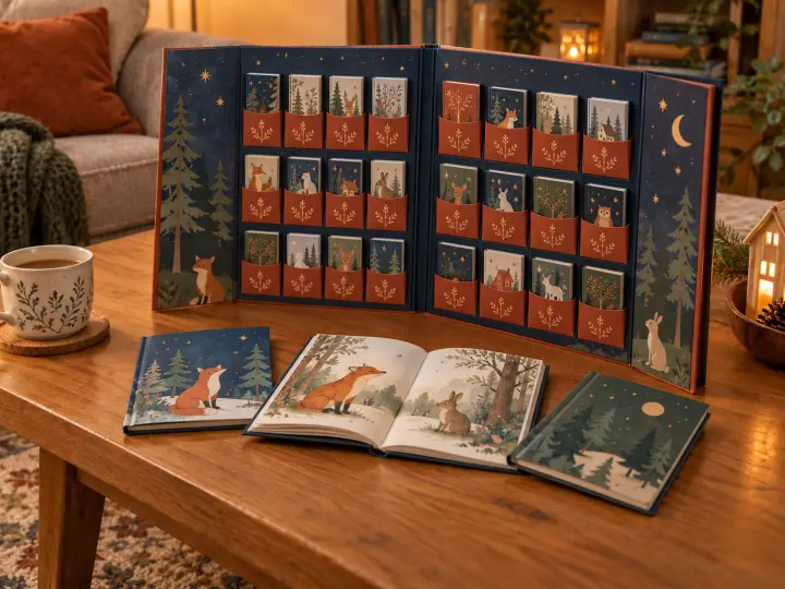 Small illustrated storybooks in an open countdown folder, with three books laid on a wooden table.