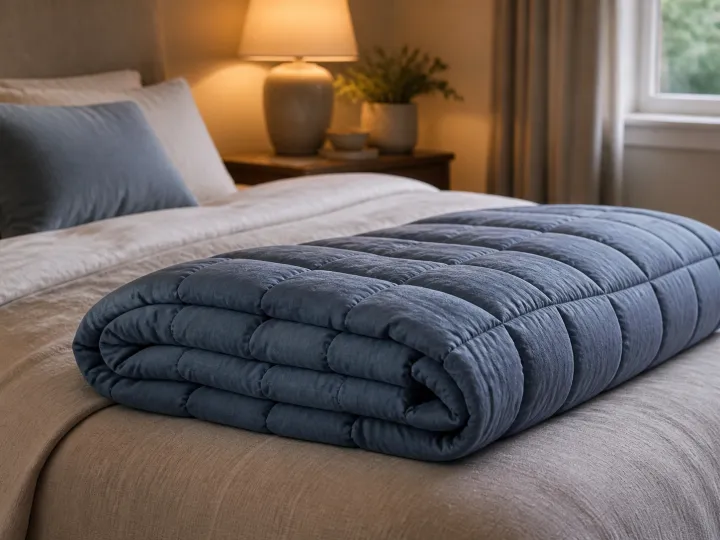 A thick blue weighted blanket folded across the foot of a softly lit bed.