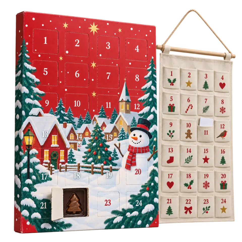 An illustrated cardboard chocolate Advent calendar beside a smaller reusable cotton calendar with numbered pockets.
