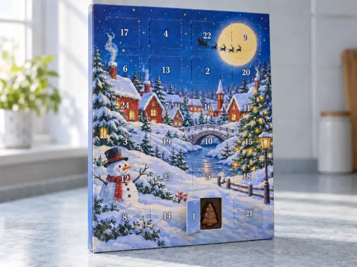 A snowy village chocolate Advent calendar with shuffled numbers and only door 1 open, revealing a chocolate tree.