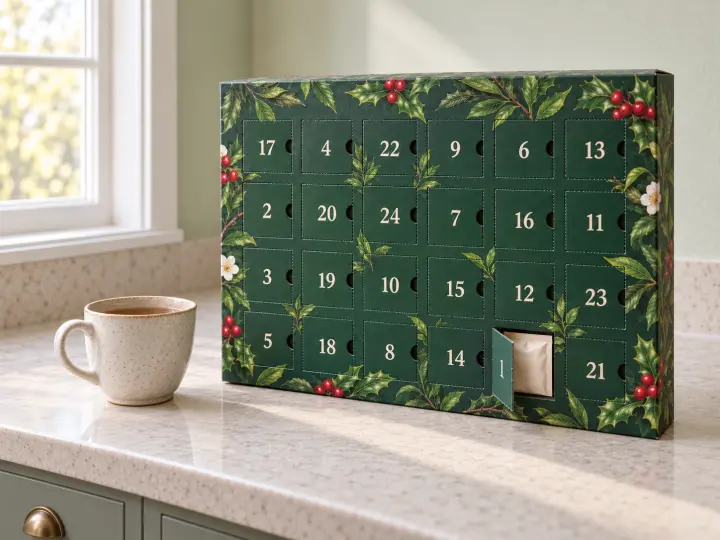 A green botanical tea Advent calendar with shuffled day numbers, door 1 open to a tea envelope, and a cup of tea.