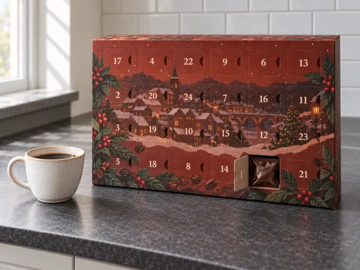 A red coffee Advent calendar with shuffled numbers and a sealed coffee sample inside door 1, beside a cup of coffee.