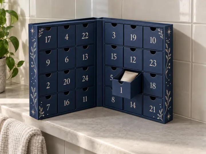 A blue beauty Advent calendar with numbered drawers and a small cosmetic tube in the open drawer marked 1.
