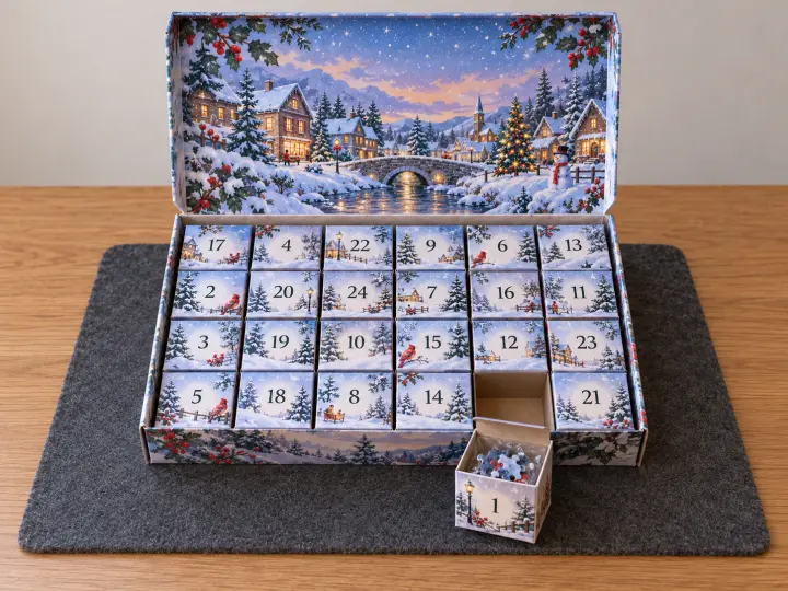 A snowy village puzzle Advent calendar with numbered boxes and box 1 open in front of its empty tray slot.