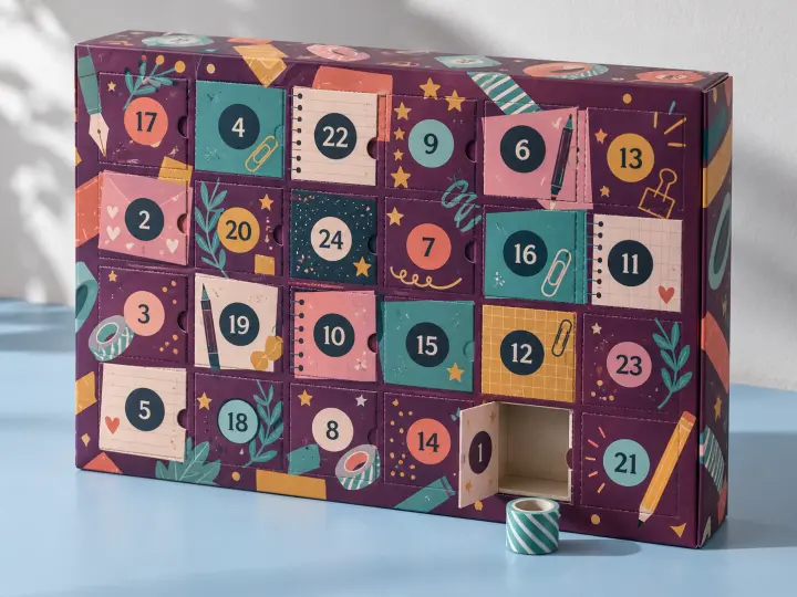 An illustrated stationery Advent calendar with door 1 open and a small roll of paper tape beside its empty compartment.