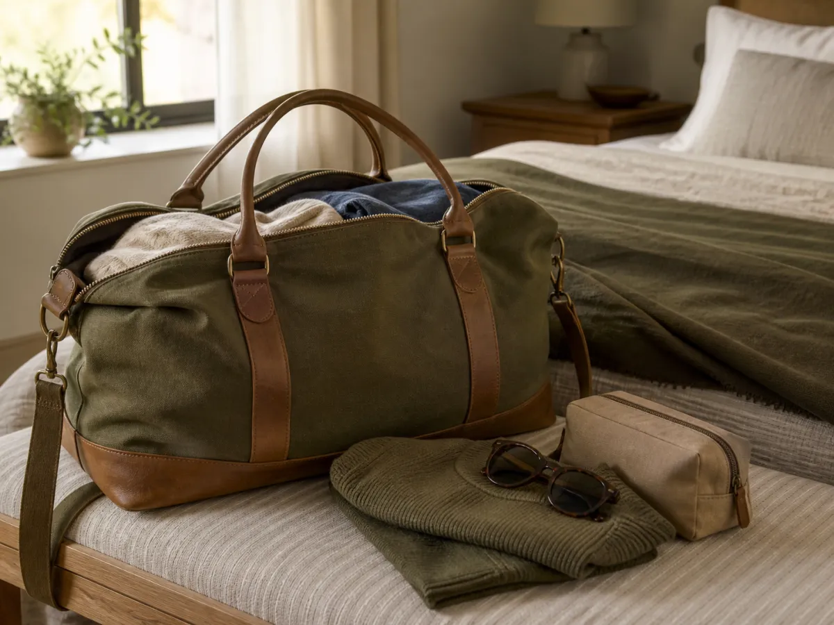 A structured unbranded weekender bag packed beside a folded sweater and travel essentials.