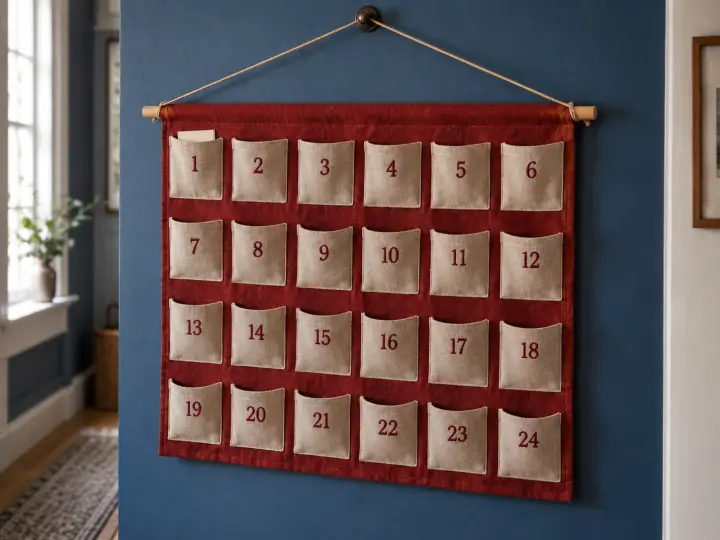 A red and cream fabric Advent calendar with 24 numbered pockets and a folded note in pocket 1.
