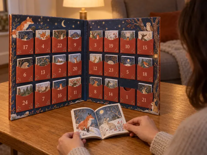 A numbered storybook Advent calendar with pocket 1 empty while a reader holds its small illustrated paperback open.