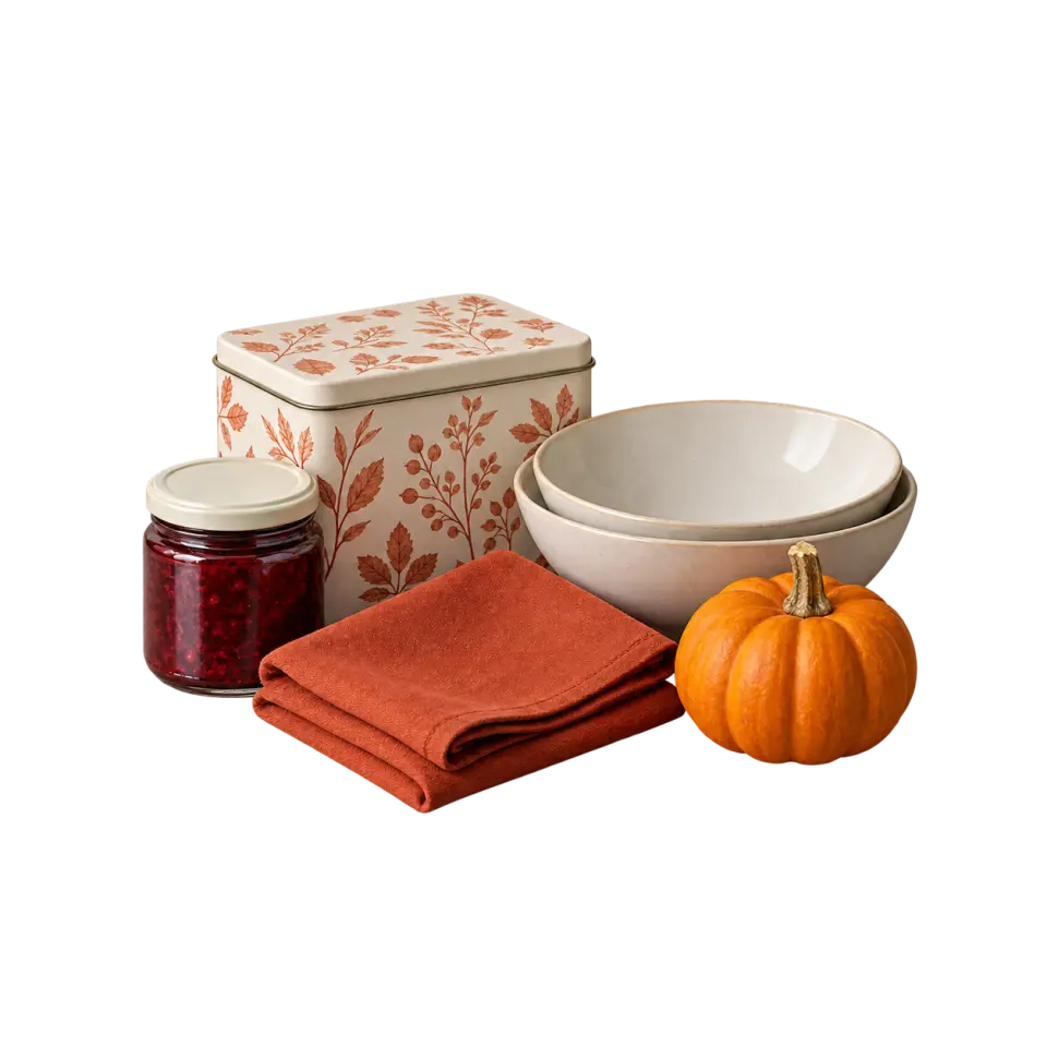 A preserve jar, autumn-patterned cookie tin, cream serving bowls and rust-colored napkins beside a small pumpkin.