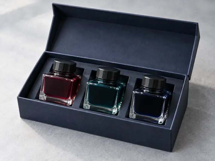 Three capped glass bottles of burgundy, teal and blue-black fountain pen ink in an open navy presentation box.