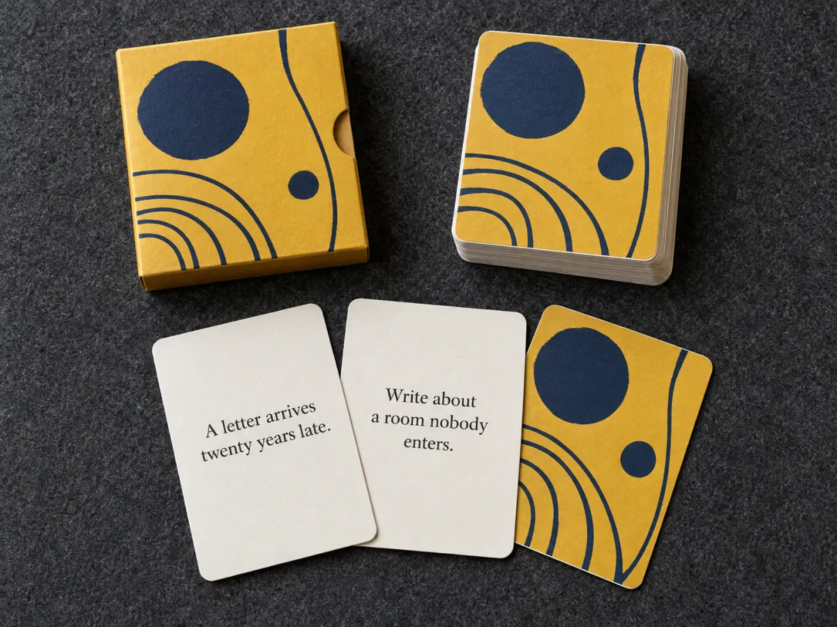 A mustard and navy writing-prompt deck with three loose cards, including prompts about a late letter and an unexplored room.