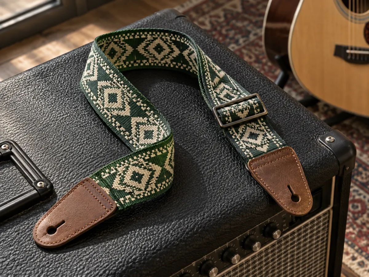 A green and cream woven guitar strap with brown leather end tabs folded on a black amplifier.