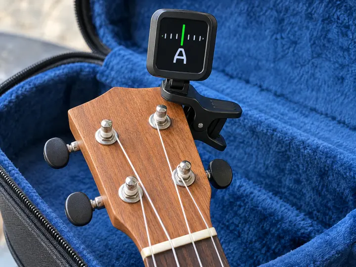 A black clip-on tuner showing an A note attached to a four-string ukulele headstock above a blue-lined case.