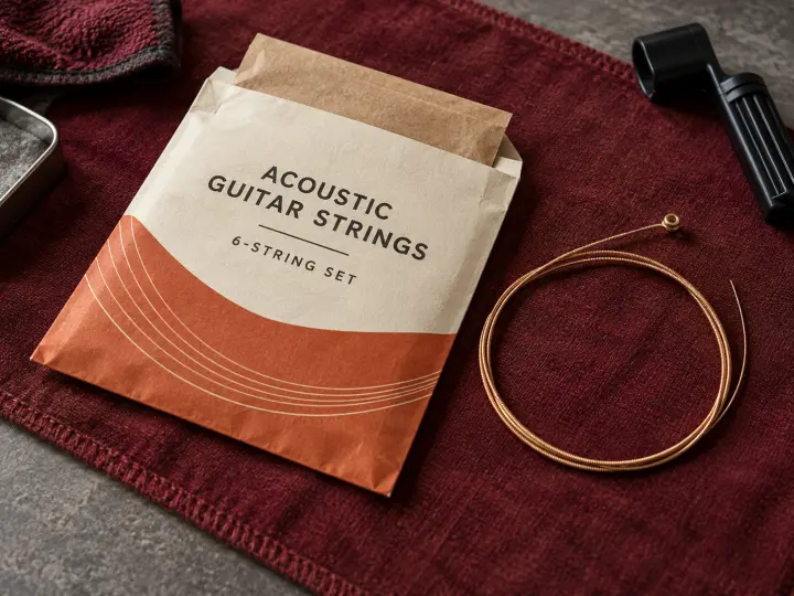 An open acoustic guitar string packet and one coiled bronze-colored string on a burgundy maintenance cloth.