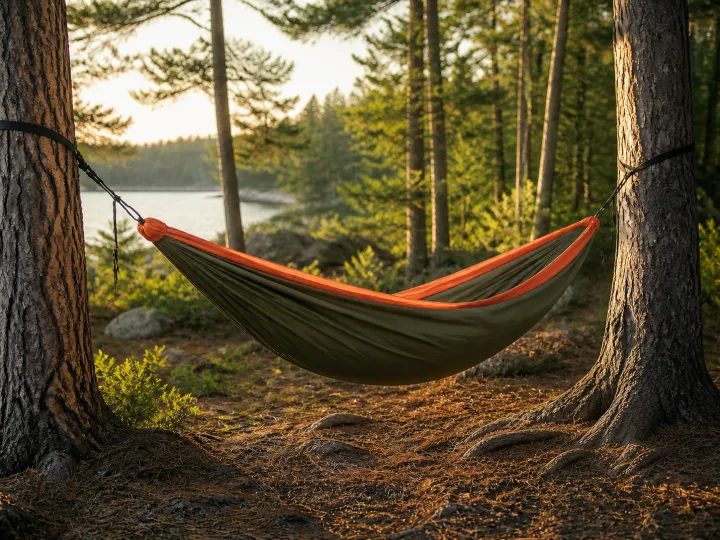 A simple camping hammock suspended between trees overlooking a quiet lake in late afternoon.