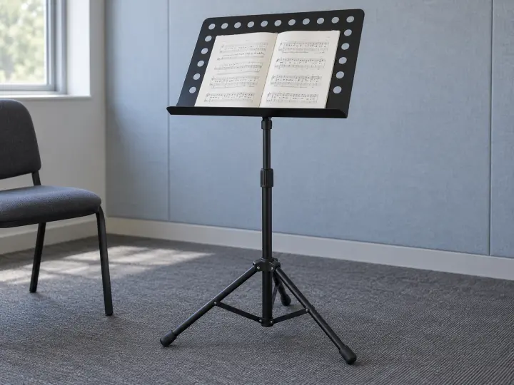A black tripod music stand holding an open booklet beside a rehearsal chair in a blue-gray practice room.