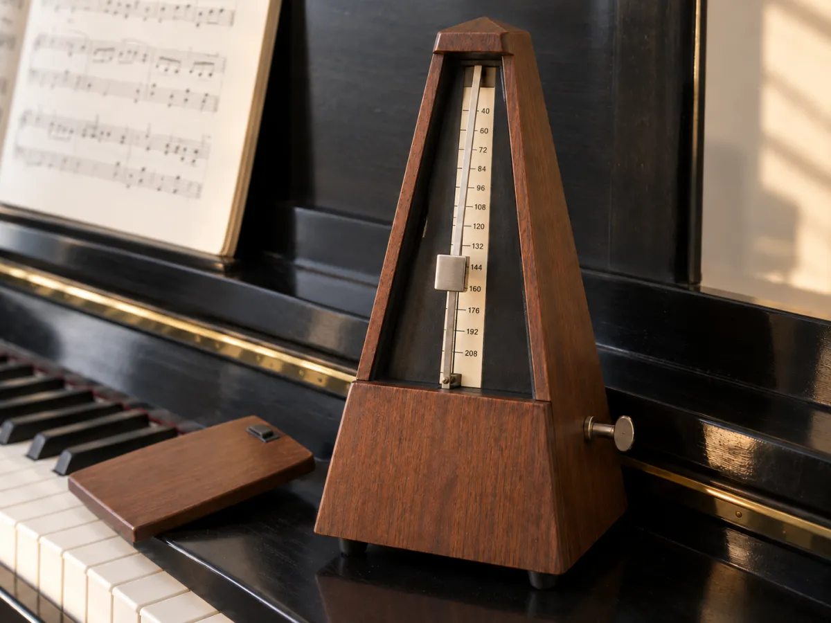 A walnut-brown mechanical metronome with a central pendulum on a black piano beside an open music score.