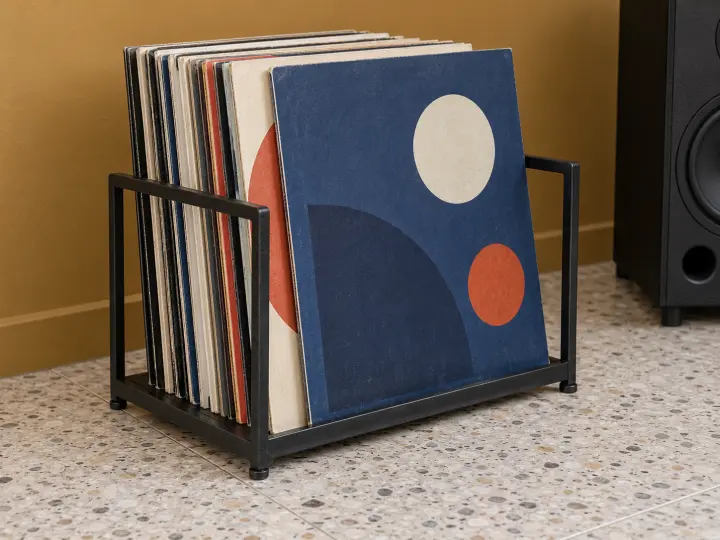 Upright records in plain abstract-design sleeves held in a compact black metal rack on a terrazzo floor.