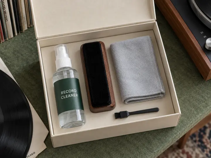 An open cream box containing a capped bottle of record cleaner, a velvet cleaning pad, a folded gray cloth and a separate small stylus brush.