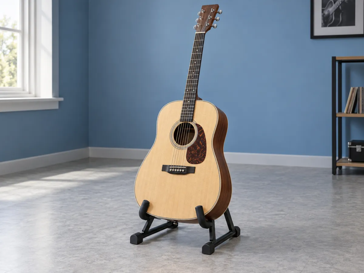 A natural wood acoustic guitar supported by a black padded A-frame floor stand in a blue practice room.