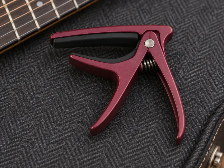 A burgundy spring-clamp guitar capo with black padded jaws on dark guitar-case lining.