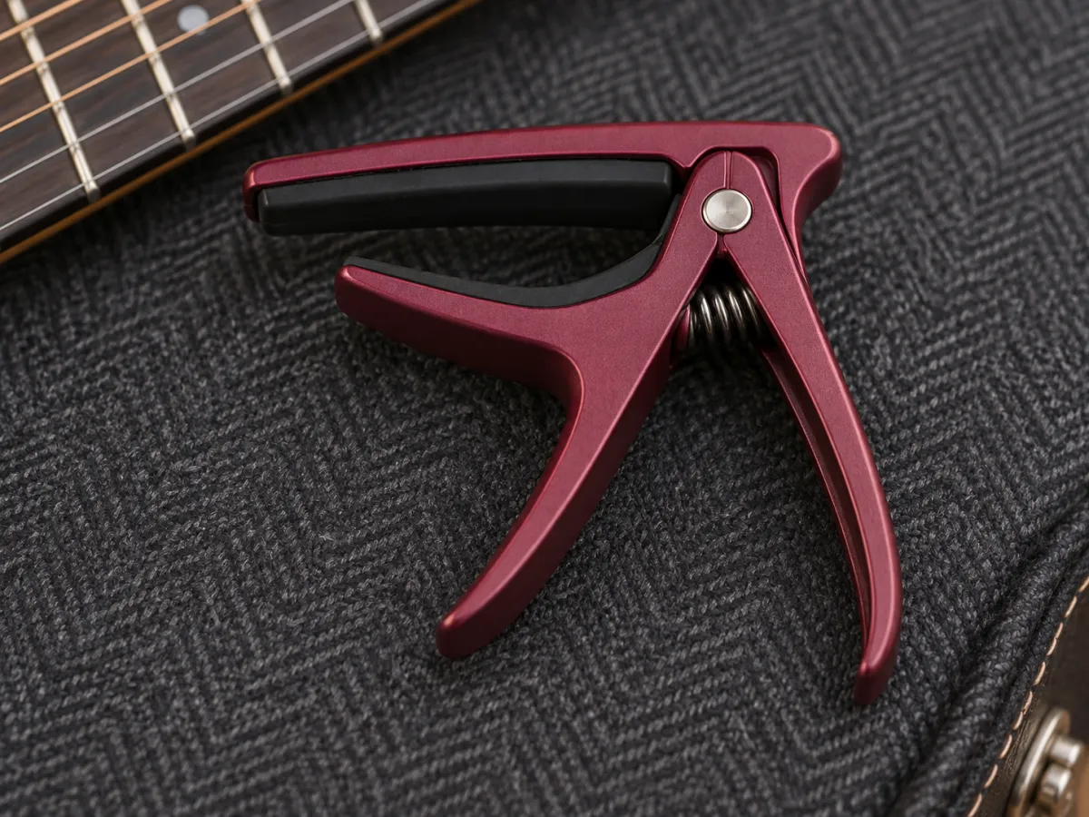 A burgundy spring-clamp guitar capo with black padded jaws on dark guitar-case lining.