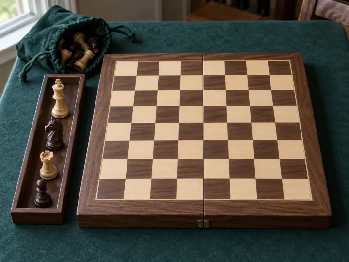 An empty folding wooden chessboard with light and dark squares, four wooden chess pieces beside it and a green storage pouch.