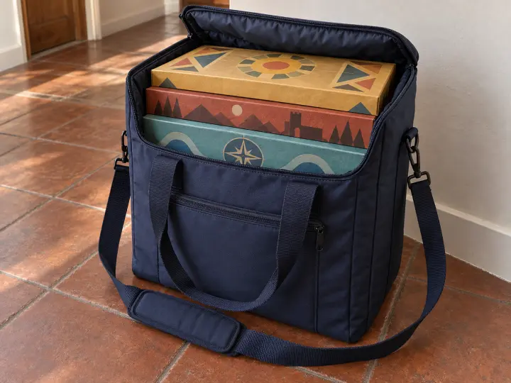 An open navy padded carry bag holding square board-game boxes, with short handles and a shoulder strap on a tiled floor.