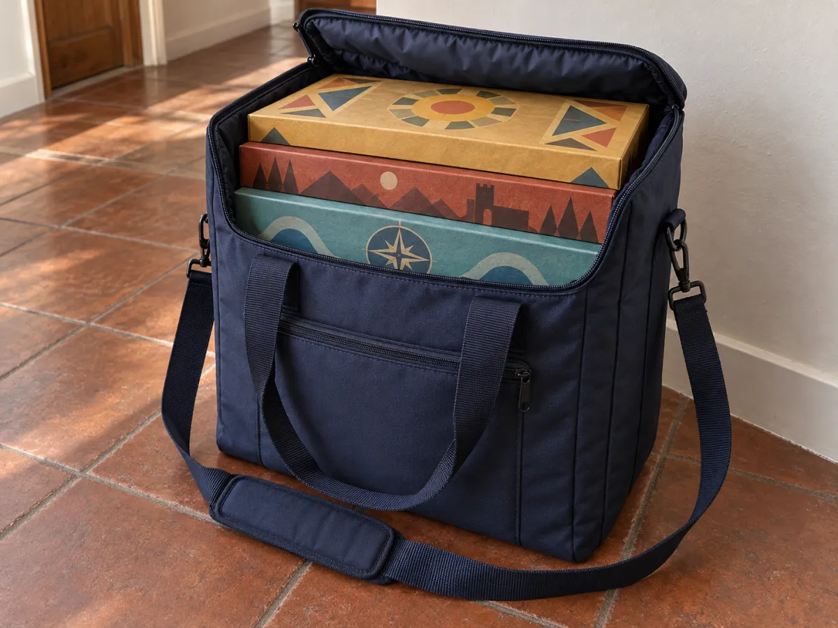 An open navy padded carry bag holding square board-game boxes, with short handles and a shoulder strap on a tiled floor.