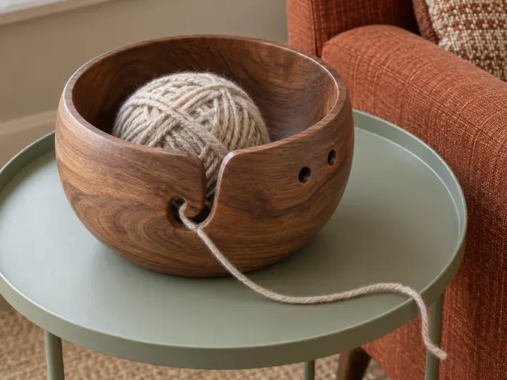 A wooden yarn bowl holding an oatmeal-colored ball, with the working strand passing through a curved guide slot on a sage table.