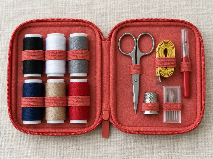 An open coral sewing case holding six thread spools, small silver scissors, a tape measure, a capped seam ripper, a thimble and a closed needle packet.