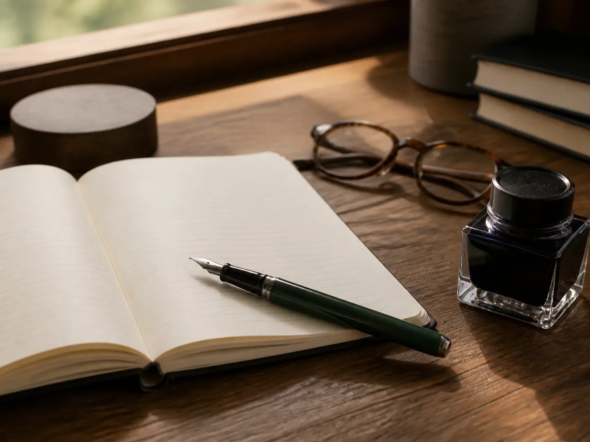 An elegant unbranded fountain pen beside an open notebook with blank cream pages.