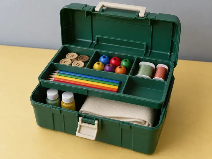 An open forest-green craft storage case with a divided tray of buttons, beads, thread spools and pencils above a deeper compartment on a yellow desk.