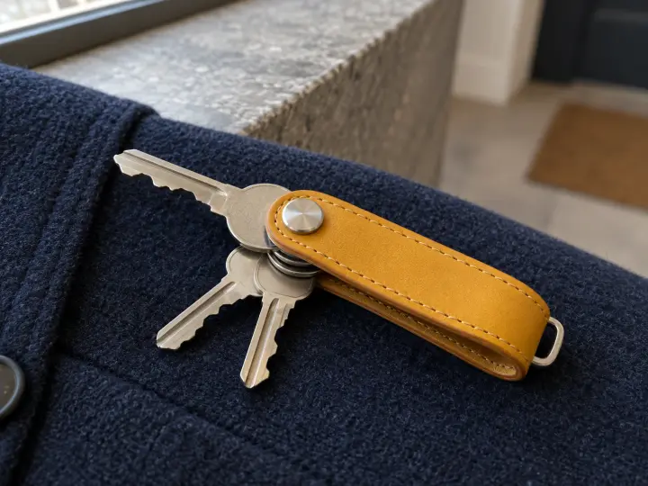 An ochre leather pocket key organizer with three flat silver keys fanned from one pivot, resting on a navy wool coat beside a stone ledge.