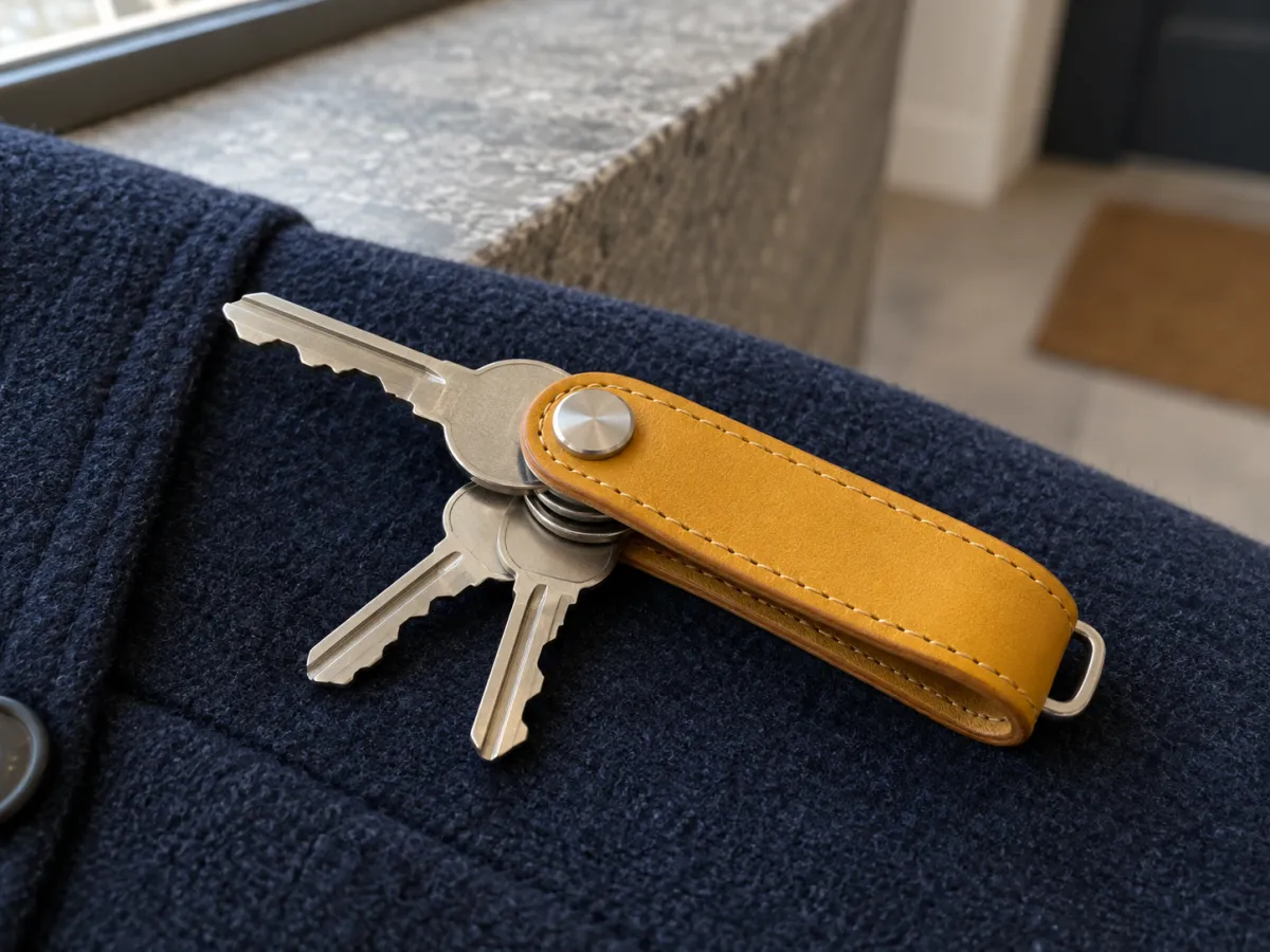 An ochre leather pocket key organizer with three flat silver keys fanned from one pivot, resting on a navy wool coat beside a stone ledge.