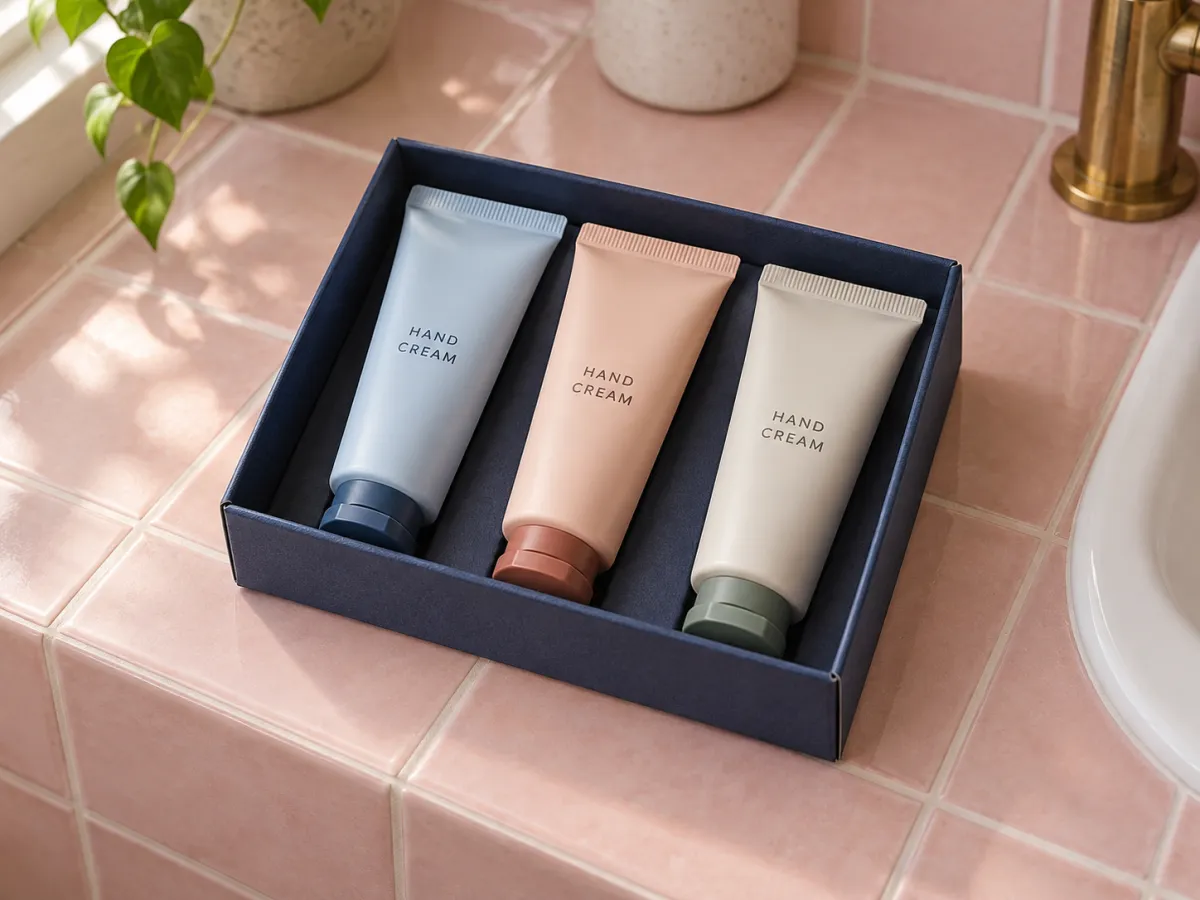 Three closed hand cream tubes in blue, peach and ivory, arranged in a navy gift tray on a pink tiled bathroom surface.