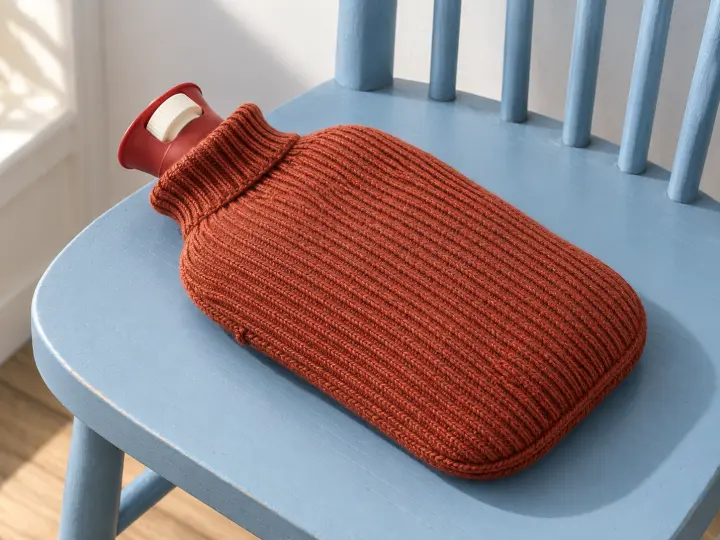 A closed red hot water bottle in a terracotta knitted cover, lying on a pale-blue wooden chair.