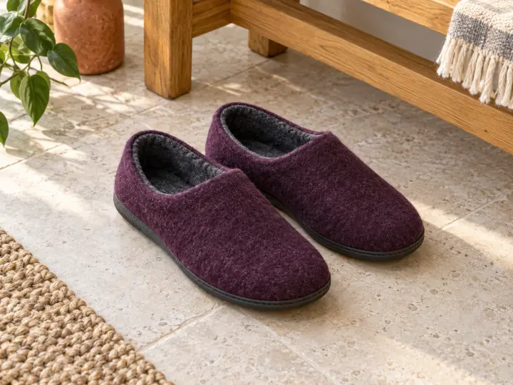 A pair of plum felt slippers with charcoal lining and dark soles on a pale stone floor beside a wooden bench.