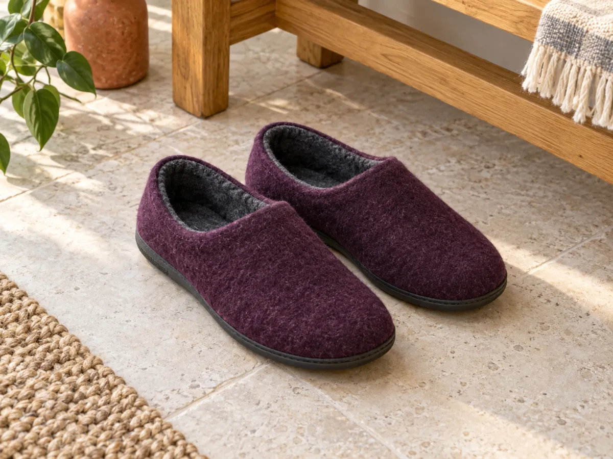 A pair of plum felt slippers with charcoal lining and dark soles on a pale stone floor beside a wooden bench.