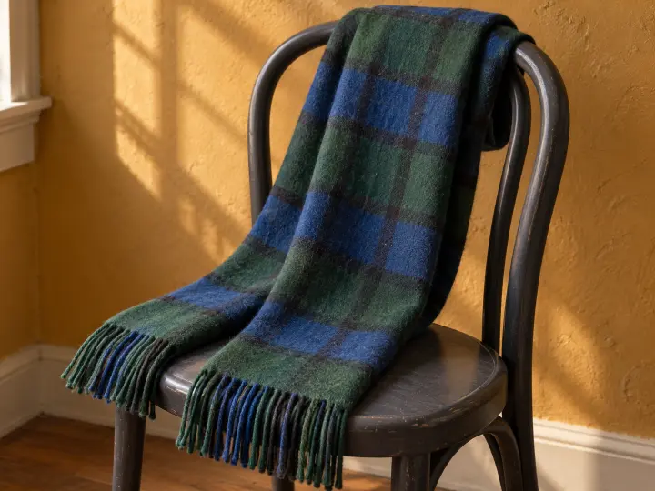 A green-and-blue checked scarf with fringed ends draped over a dark chair against an ochre wall.