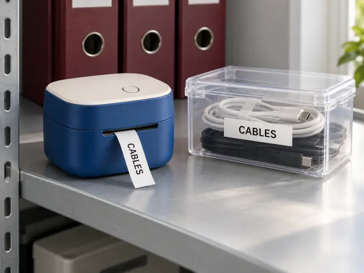 A blue-and-ivory label maker printing CABLES beside a labelled clear box holding two coiled cables on a metal shelf.