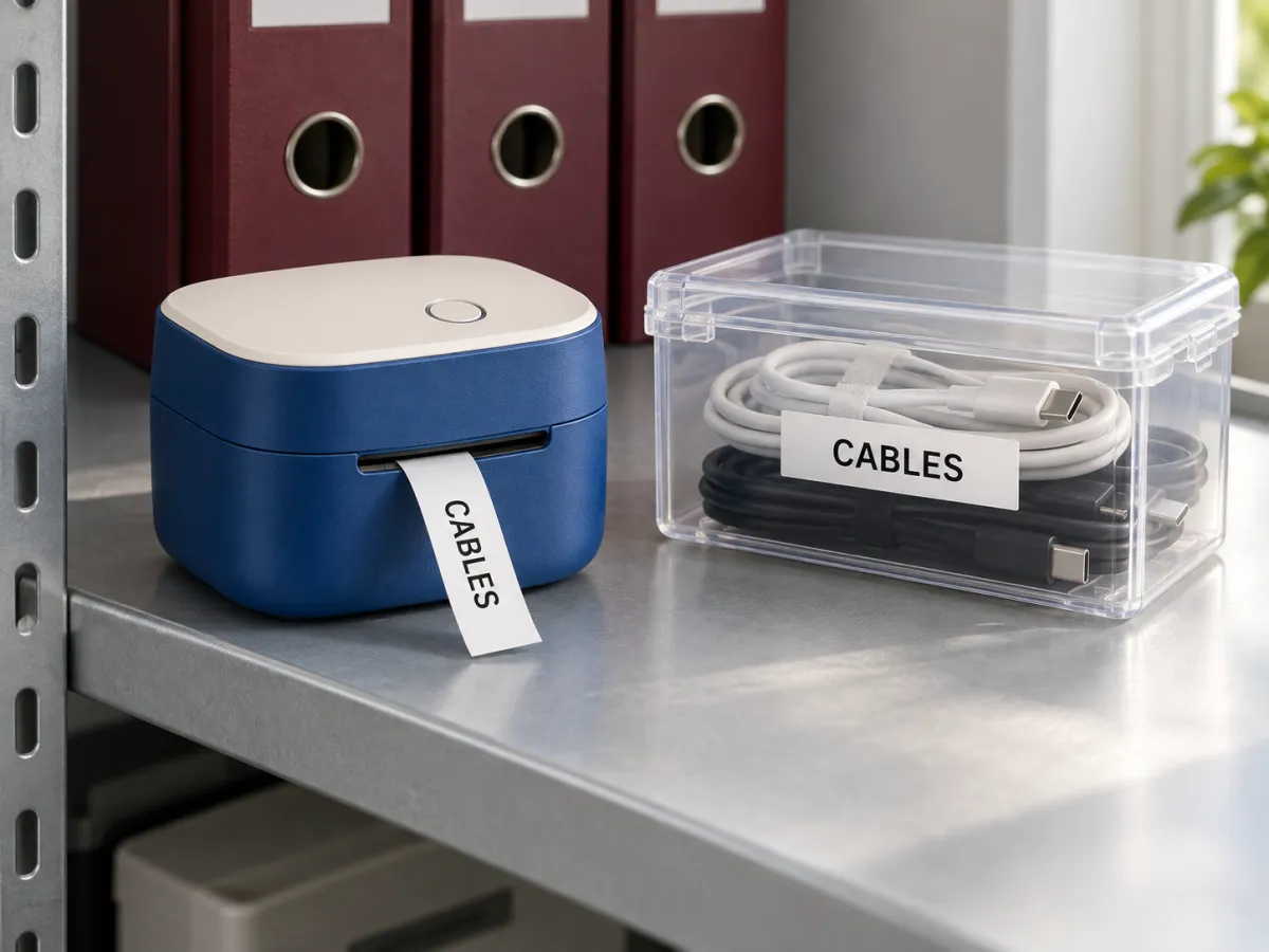 A blue-and-ivory label maker printing CABLES beside a labelled clear box holding two coiled cables on a metal shelf.