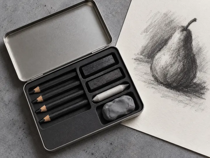 An open charcoal tin with black pencils, charcoal sticks, a blending stump and kneaded eraser beside a pear drawing.