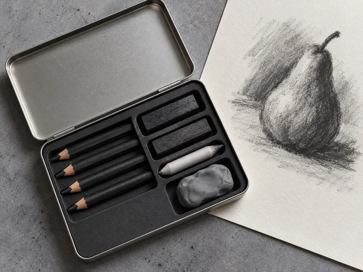 An open charcoal tin with black pencils, charcoal sticks, a blending stump and kneaded eraser beside a pear drawing.