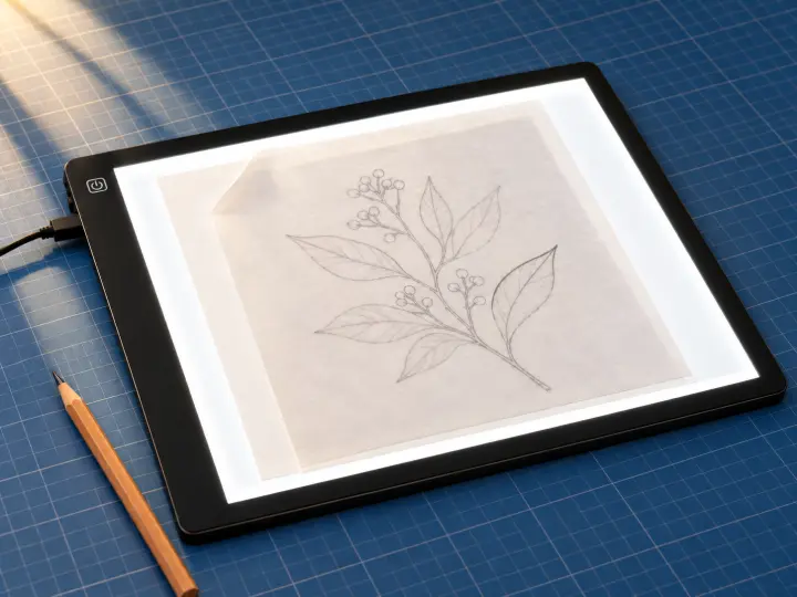 A slim illuminated tracing pad on a blue cutting mat, with layered botanical drawing paper, a pencil and a connected USB cable.