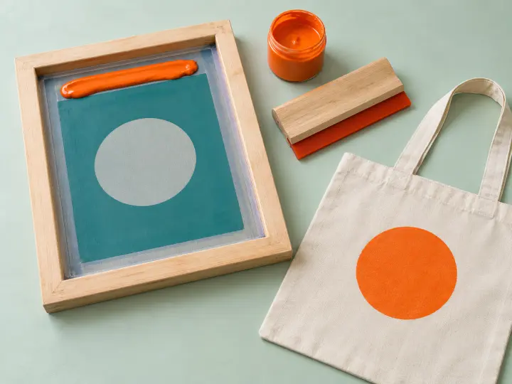 A wooden screen with a circular stencil, orange ink and a squeegee beside a cotton tote printed with an orange circle.
