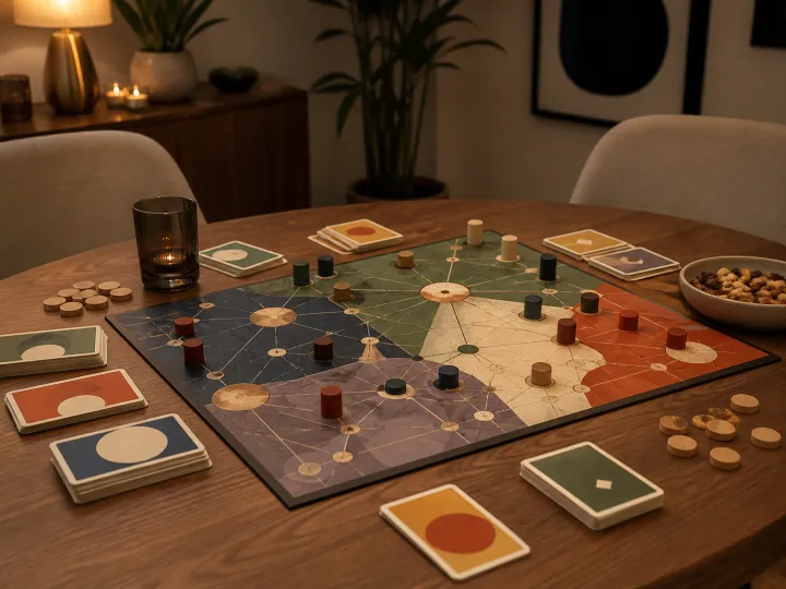 An unbranded strategy board game in progress on a dining table with colorful wooden pieces and cards without text.