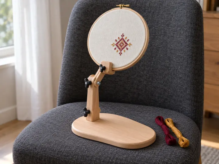 A wooden embroidery stand on a dark chair, holding a cream fabric hoop with burgundy and gold stitching; matching thread lies beside the base.